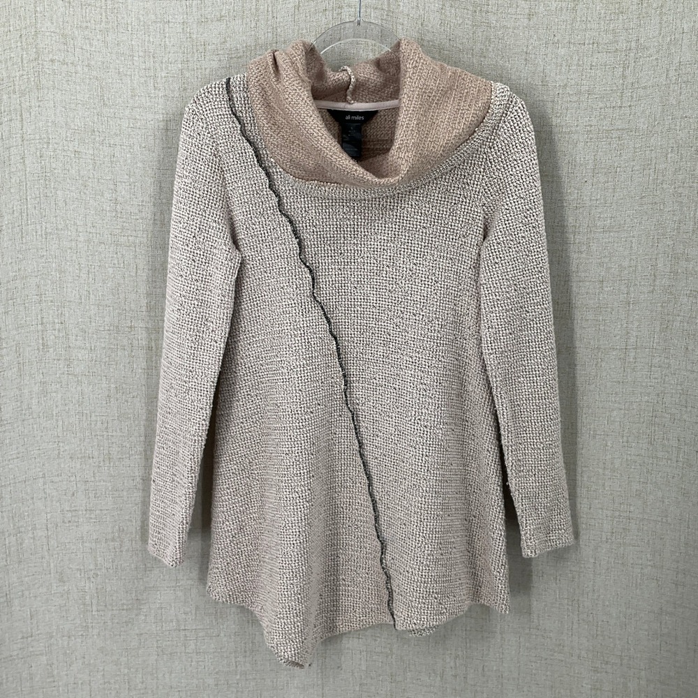 Ali Miles Sweater Womens Small Tan Cowl Neck Asymmetrical Seam Waffle Knit Boho